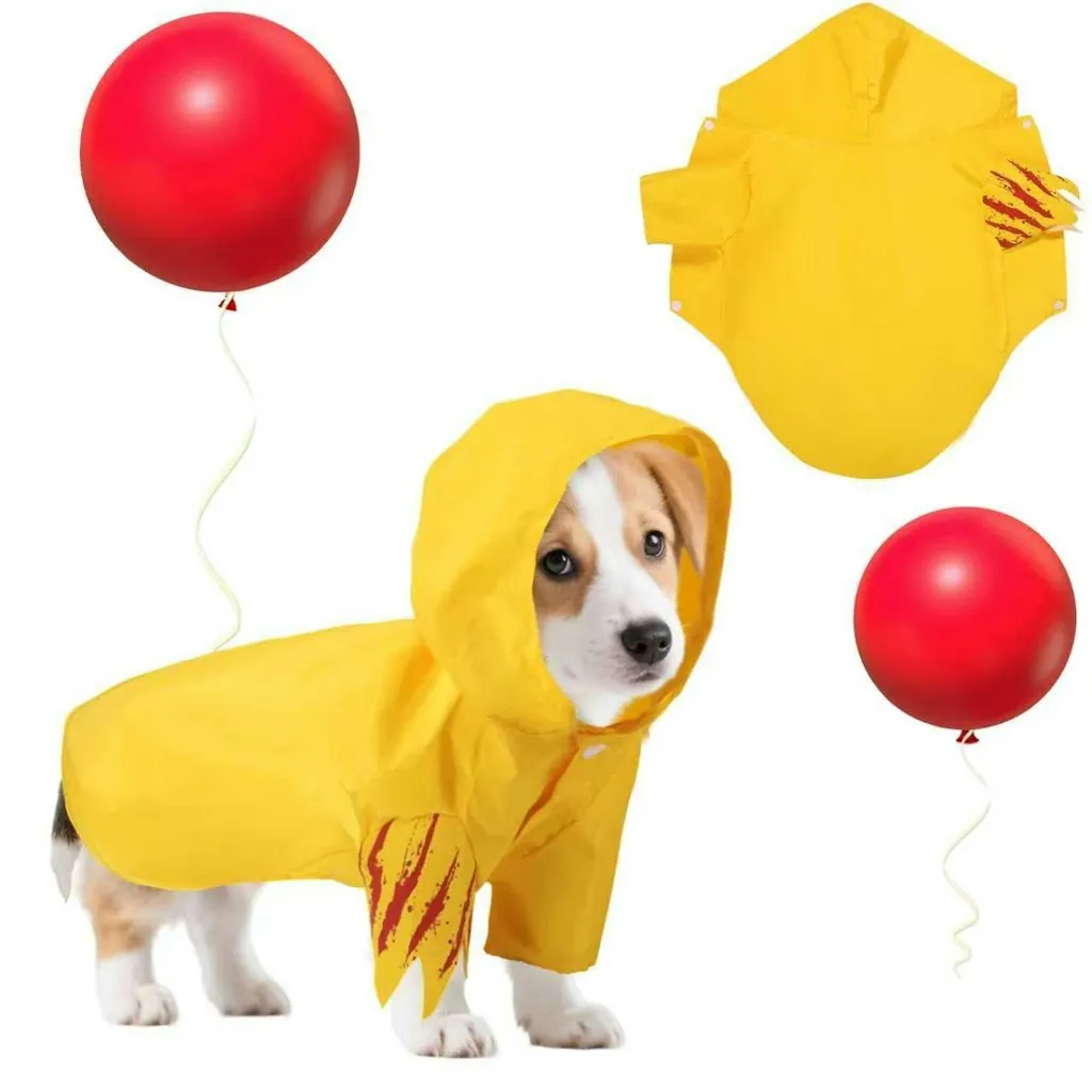 Hooded Dog Raincoat Halloween Costume w/ Red Balloon