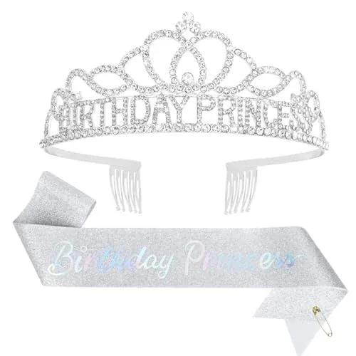 Birthday Princess Crown and Sash Set in Silver