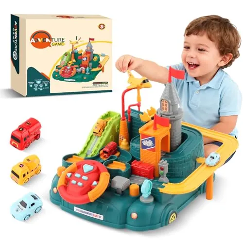 Race Track Car Adventure Toy w/ Steering Wheel & Sound (Pink or Green)