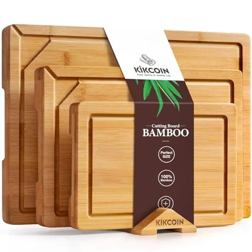 3-Piece Kikcoin Self Draining Bamboo Cutting Boards w/ Stand