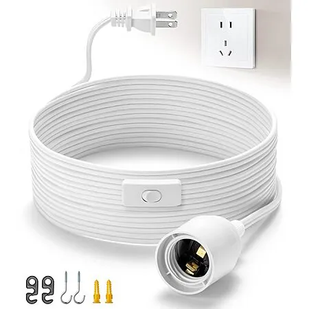 SIXZOONM 15' Plug-In Pendant Light Cord w/ E26 Socket & On/Off Switch (White)