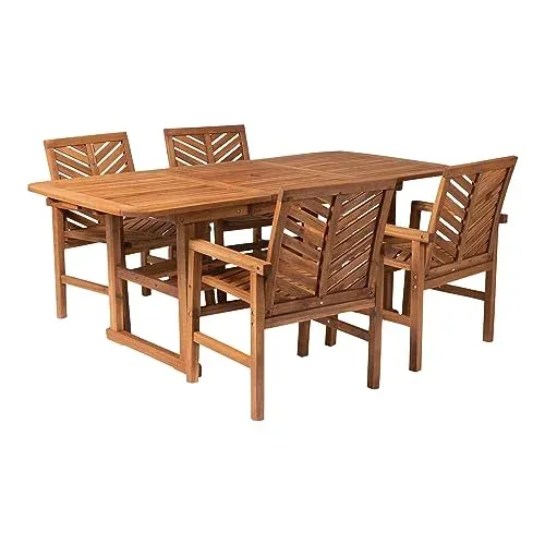 Walker Edison 4-6 Person Outdoor Wood Chevron Back Patio Furniture Dining Set Extendable Table Chairs 5 Piece