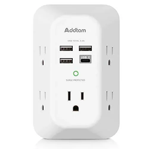 Addtam Surge Protector Outlet Extender with 5 AC and 4 USB Ports, 4.5A