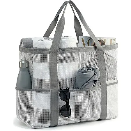 JOYPICKS Large Mesh Beach Tote Bag w/ 8 Exterior Pockets