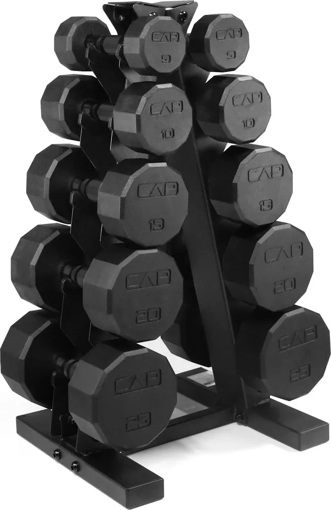 Cap 150 lb. Rubber Coated Dumbbell Set w/ Vertical Rack