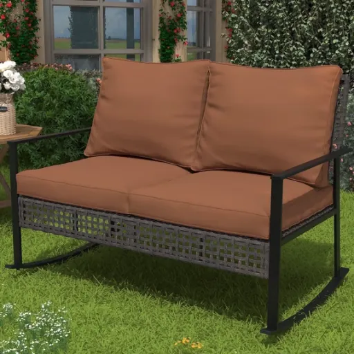 Ainfox Outdoor Patio Furniture Rocking Loveseat Wicker Rattan Sofa Khaki