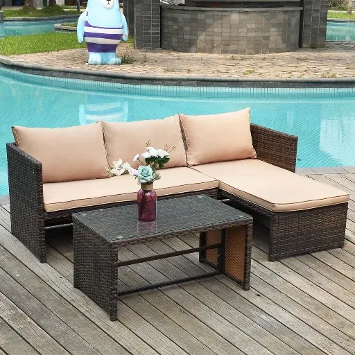 Ebern Designs 3 Piece Patio Conversation Sofa Seating Group With Cushions (Beige)