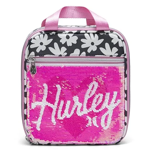 Hurley Sequin Insulated Lunch Tote Bag 1-L (Peony Pink/White)