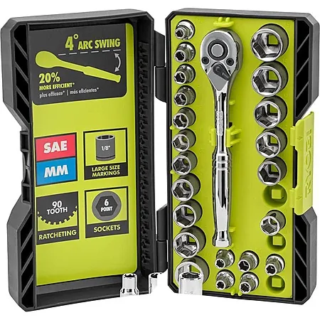 26-Pc RYOBI 1/4" Drive Standard (SAE) & Metric Ratchet & Socket Set