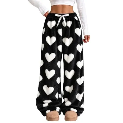 Heart Print Wide Leg Cozy Fuzzy Pajama Pants