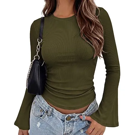 Zeagoo Women's Crewneck Bell Tops Long Sleeve Ribbed Knit Shirts (Various)
