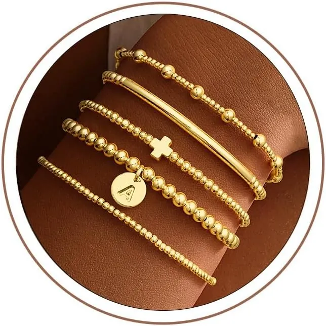 TURANDOSS 5-Piece Cross w/ Initial Bead Bracelet Set