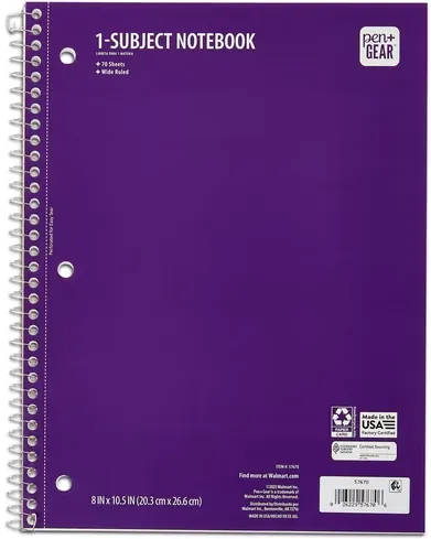 Pen + Gear 1 Subject 70ct Purple Notebook WR, 10.5 x 8