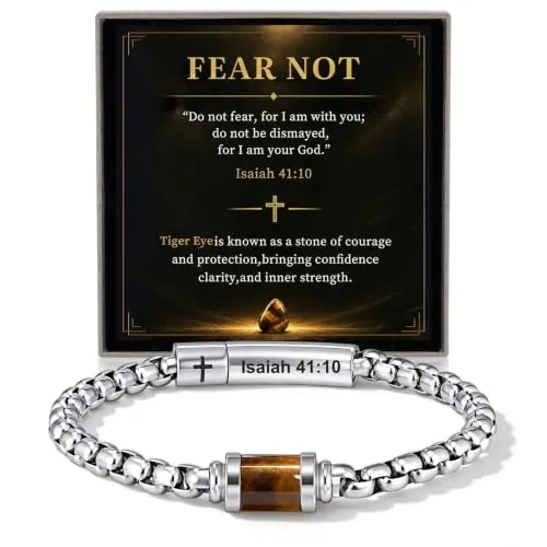 Silver Cross Bracelet for Men, Stainless Steel Christian Link Chain Engraved Bible Verse