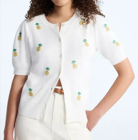 Free Assembly Women's Beaded Cardigan Sweater w/ Short Puff Sleeves