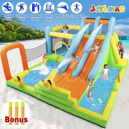 6-in-1 Kids Inflatable Bounce House w/ Double Water Slide & Splash Pool