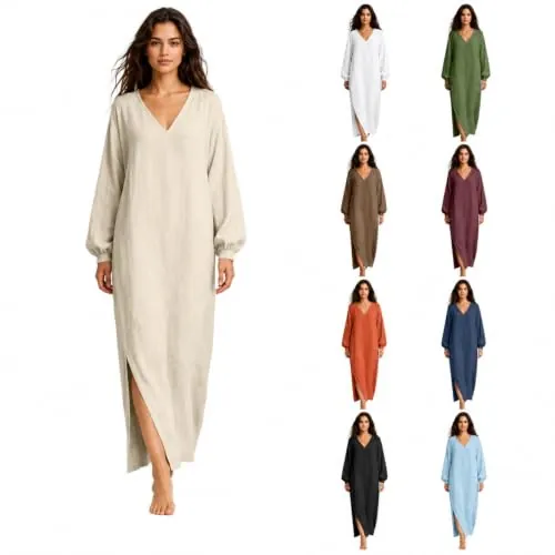 V Neck Cotton Linen Long Sleeve Dresses