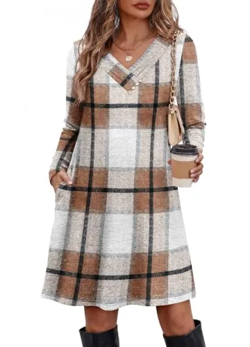 OFEEFAN Long Sleeve Dress Tunic Button V Neck Dress