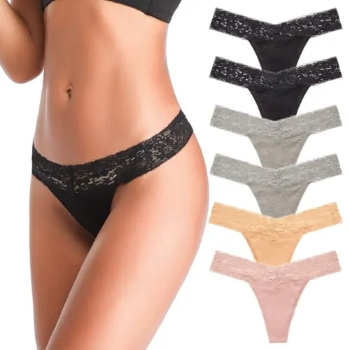 ANNYISON T Back Low Waist See Through Panties Cotton Seamless Lace Thongs for Women Medium