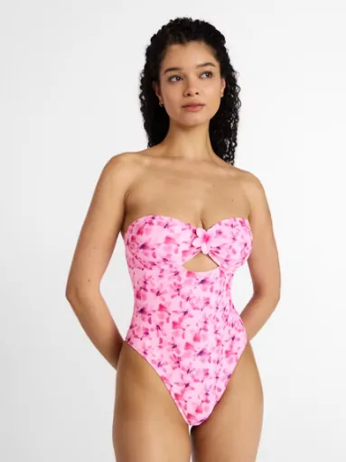 No Boundaries Women's Pink Floral Cut Out Bandeau One Piece Swimsuit