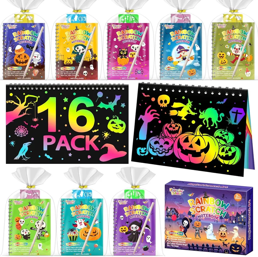 FEREDO KIDS 16-Pack Halloween Rainbow Scratch Notebooks