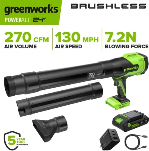 Greenworks 24V Brushless 270 CFM Blower with 3Ah Battery and Charger