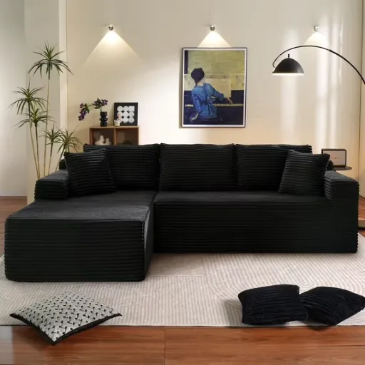 Muumblus Modular Sectional Couch, Modern Oversized L-Shape Boneless Cloud Couch, Black Corduroy