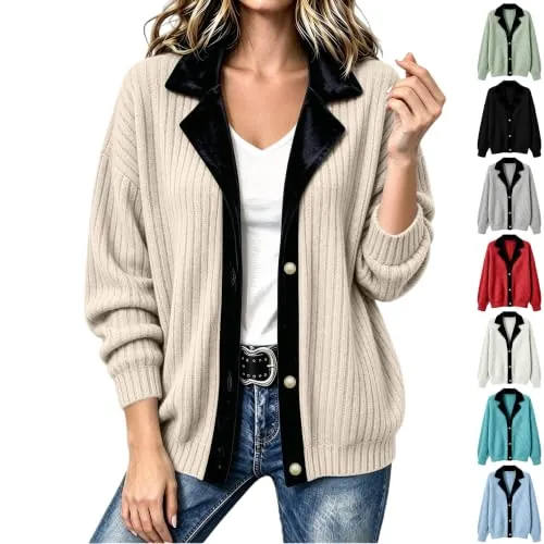 Ribbed Knit Cardigan with Contrast Collar