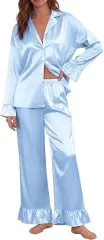 Ekouaer Satin Pajamas Women's Silk Long Sleeve Lounge Set with Ruffle