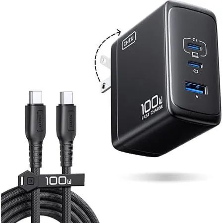 INIU 3-Port Up to 100W USB-C GaN Wall Charger w/ Folding Plug