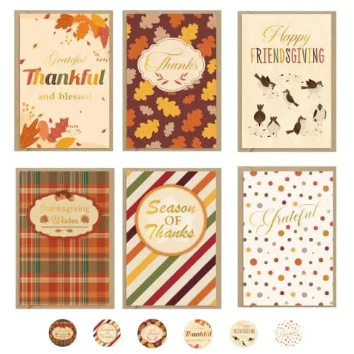 Thboxes 36-Pack 4" x 6" Thanksgiving Greeting Cards with Envelopes & Stickers (6 Designs)
