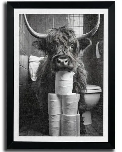 8x10" Black Framed Funny Highland Cow Holding Toilet Paper Roll Wall Art