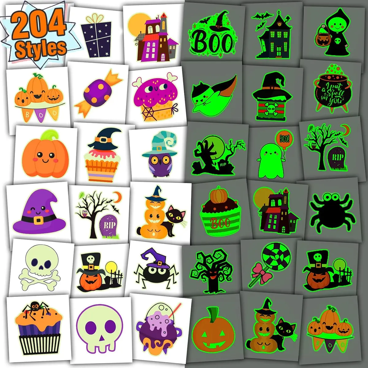 Glow Halloween Temporary Tattoos 204-Pieces