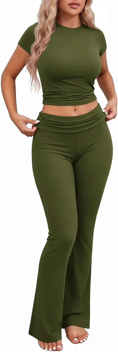 Ekouaer Crop Top & Foldover Flare Pants Set
