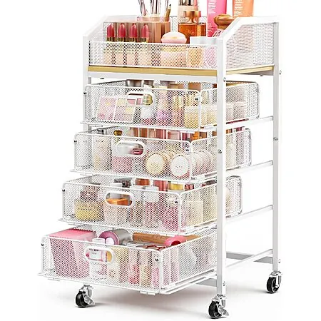 SUNALLY Metal 5-Tier Open Top Mesh Rolling Makeup Cart (2 Colors)