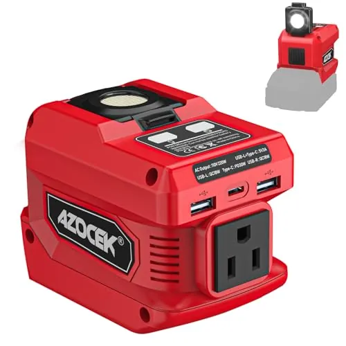 Azocek 220W/18V Battery Power Inverter Power Station w/ 400LM LED Work Light (Red)