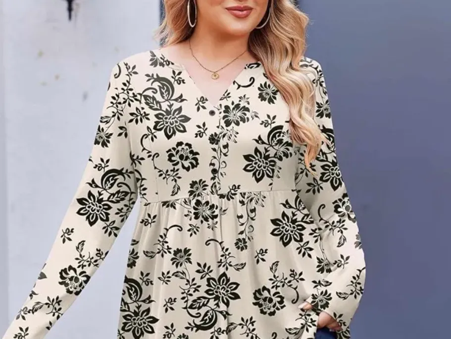 Women’s Plus-Size Long Sleeve Henley Tops