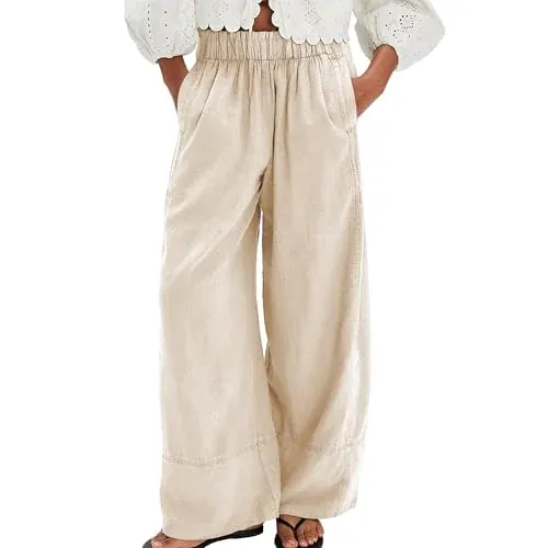 SeeLuNa Baggy Boho Casual Palazzo Pants Wide Leg Long Lounge Trousers with Pockets (Apricot, XS)