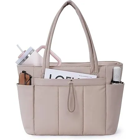 Wandering Nature Puffy Quilted Tote Bag w/ 15.6" Laptop Compartment (Beige)