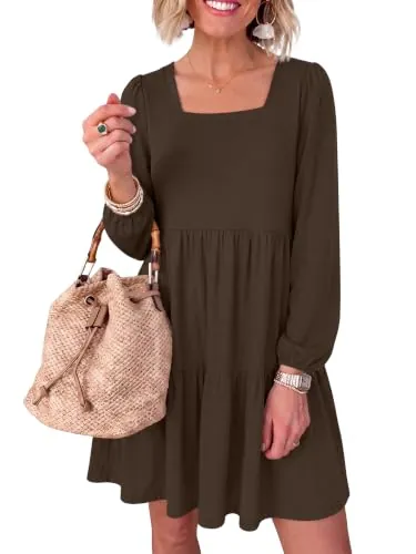 Women’s Fall Long Sleeve Square Neck Dress with Pockets