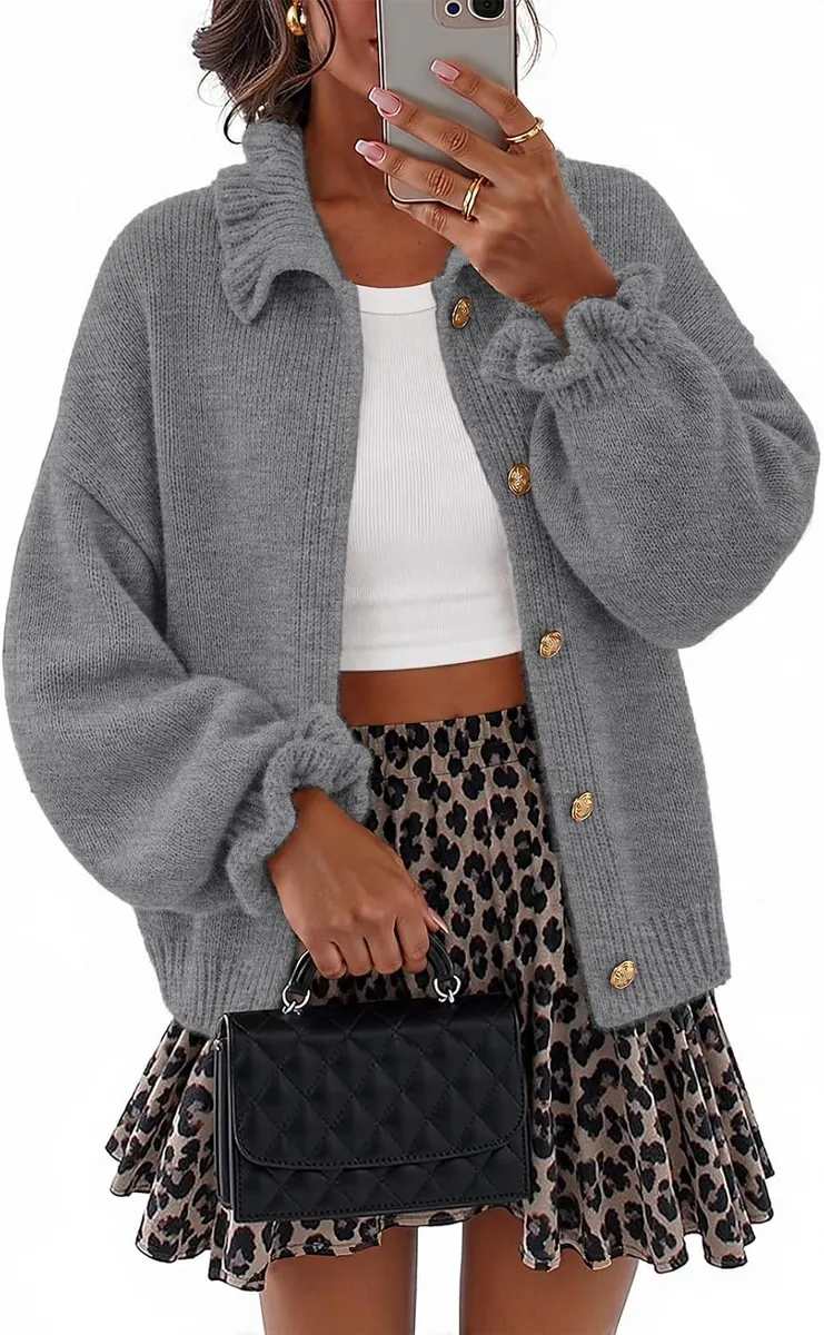 MEROKEETY Chunky Knit Ruffle Trim Cardigan Sweater