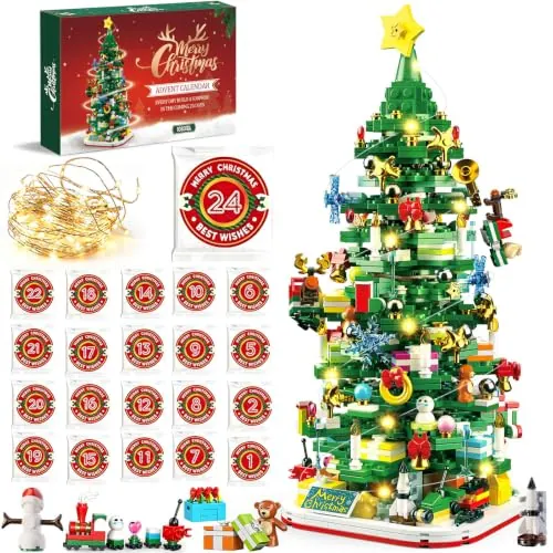 2026 Advent Calendar Christmas Tree Building Blocks Set, Light-Up, 1083 Piece