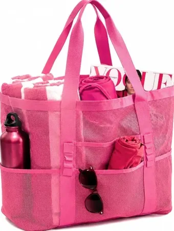 JOYPICKS Large Mesh Beach Tote Bag w/ 8 Exterior & Interior Zipper Pocket