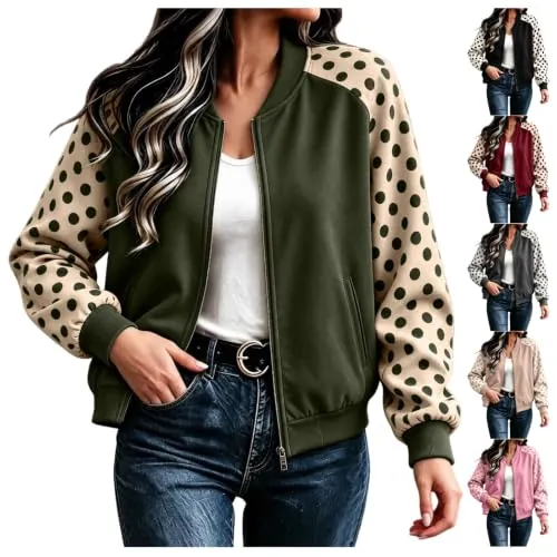 Polka Dot Bomber Jacket Zip Up Lightweight