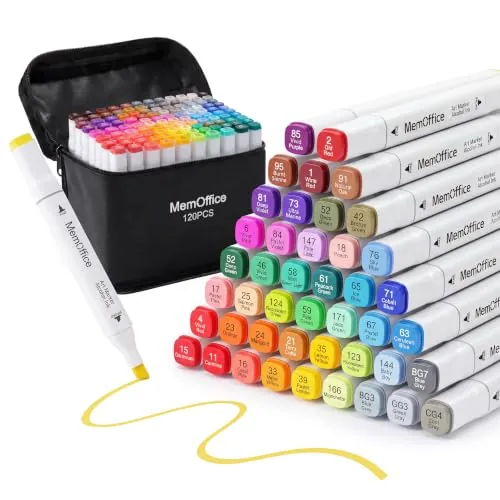 MemOffice Alcohol Markers 120 Vibrant Colors Dual Tip Art Markers Set