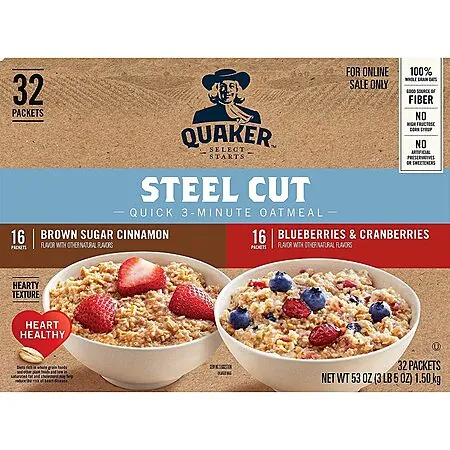 Select Accts: 32-Ct Quaker Steel Cut 3-Minute Oatmeal (Variety Pack, 53-Oz Total)
