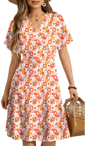 UVN Women's Summer Short Sleeve V-Neck A-Line Midi Dress, Sizes S-2XL