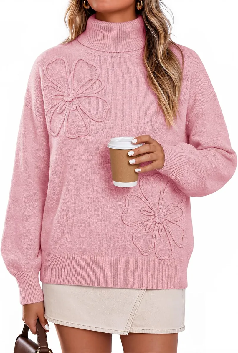 MEROKEETY Floral Turtleneck Sweater