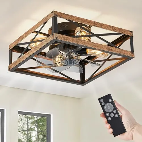 LEDIARY 16in Caged Flush Mount Square 6-Speed Ceiling Fan w/ Lights Farmhouse Style