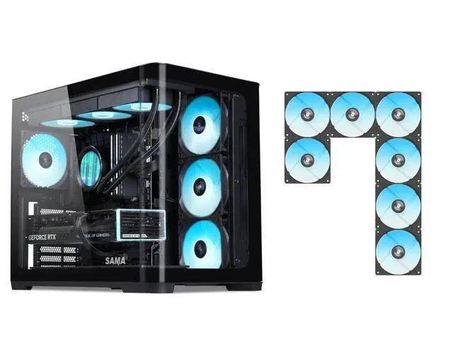 SAMA V60 PC Case, Mid-Tower, 7 Pre-Installed ARGB PWM Fans and Fan Hub, ATX/MATX/ITX Back-Connect Support, 360mm AIO support, Black